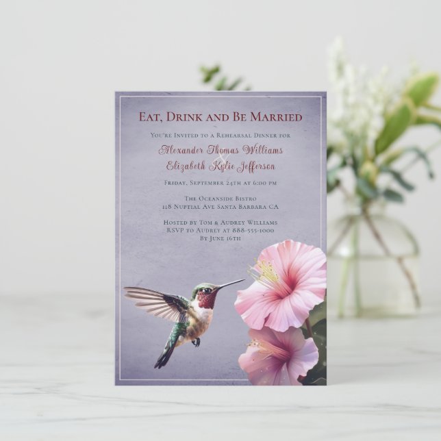 Hummingbird and Hibiscus | Purple Rehearsal Dinner Invitation (Standing Front)