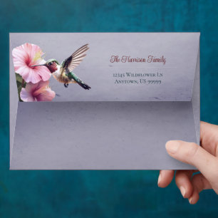 Hummingbird and Hibiscus Purple Wedding Envelope
