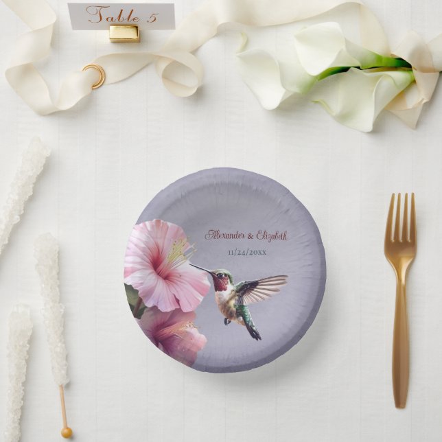 Hummingbird and Hibiscus | Purple Wedding Paper Plate (Wedding)