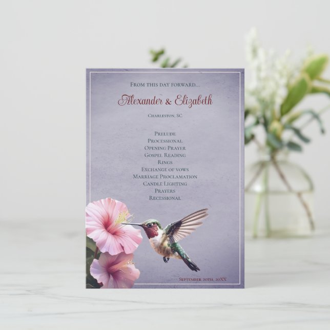 Hummingbird and Hibiscus | Purple Wedding Program (Standing Front)