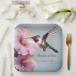 Hummingbird and Hibiscus Wedding Blue Paper Plate