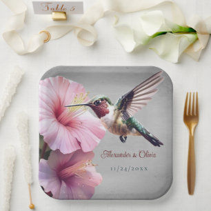 Hummingbird and Hibiscus Wedding Grey Paper Plate