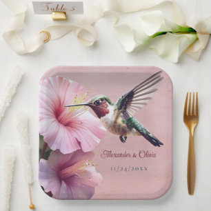 Hummingbird and Hibiscus Wedding Pink Paper Plate