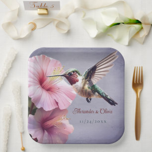 Hummingbird and Hibiscus Wedding   Purple Paper Plate