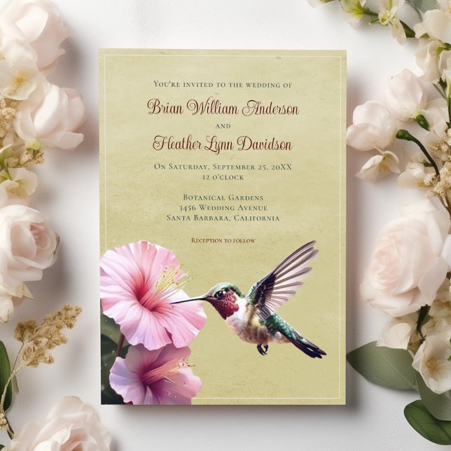 Hummingbird and Hibiscus Wedding | Yellow Invitation (Yellow Hummingbird and Hibiscus Wedding Invitation)