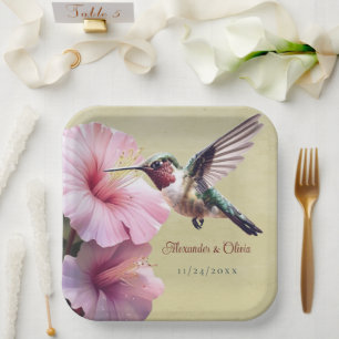 Hummingbird and Hibiscus Wedding   Yellow Paper Plate