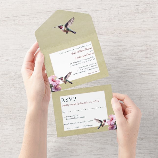 Hummingbird and Hibiscus | Yellow Wedding All In One Invitation (Tearaway)