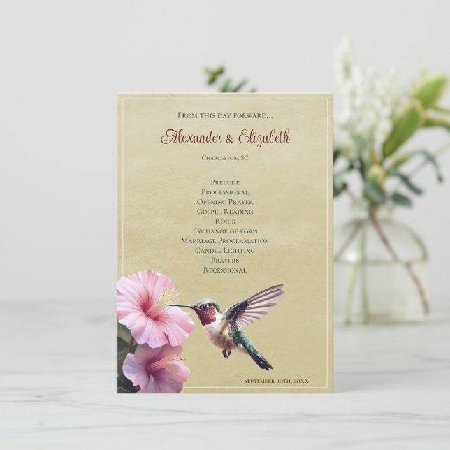 Hummingbird and Hibiscus | Yellow Wedding Program (Standing Front)