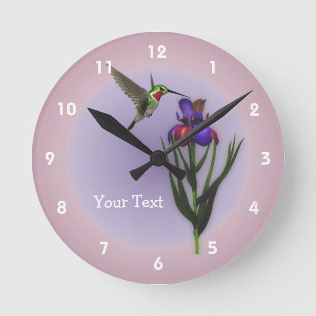 Hummingbird And Iris Flower Animal Round Clock (Front)