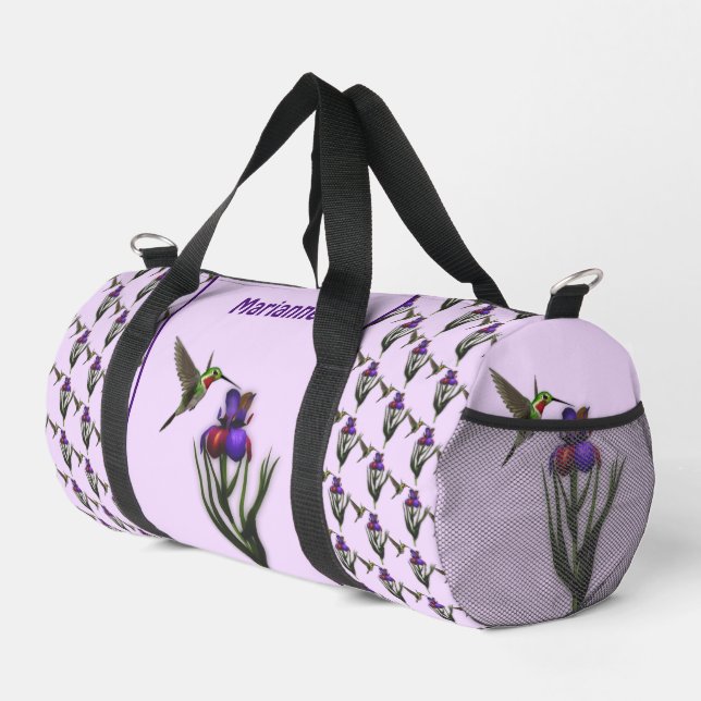 Hummingbird And Iris Flower Personalised Duffle Bag (Right Corner)