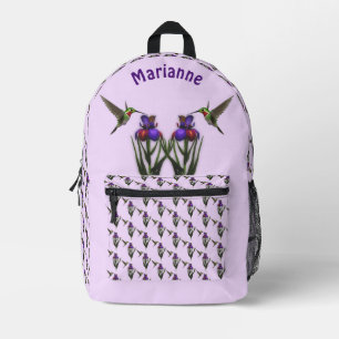 Hummingbird And Iris Flower Personalised Printed Backpack