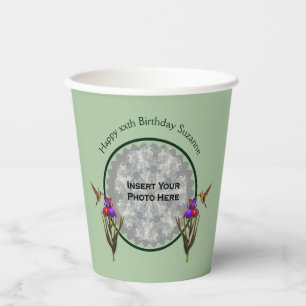 Hummingbird And Iris Personalised Photo Birthday Paper Cups