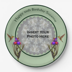 Hummingbird And Iris Personalised Photo Birthday Paper Plate