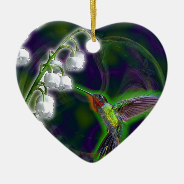 Hummingbird and Lily of the Valley Flowers Ceramic Tree Decoration (Front)