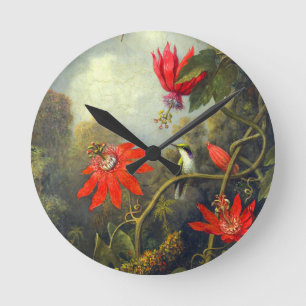 Hummingbird and Passionflowers painting Round Clock