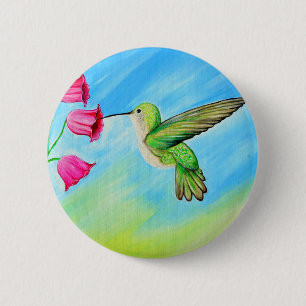 Hummingbird and Pink Bell Flowers Painting 6 Cm Round Badge