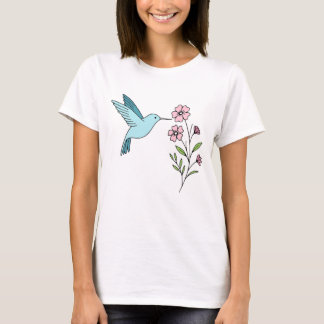 Hummingbird and Pink Floral Illustration T-Shirt