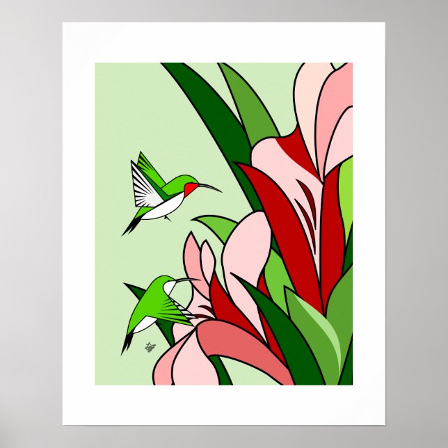 Hummingbird and PInk Flowers Art Poster (Front)