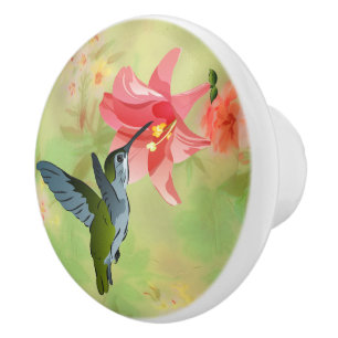 Hummingbird and Pink Lily on Floral Pattern Ceramic Knob
