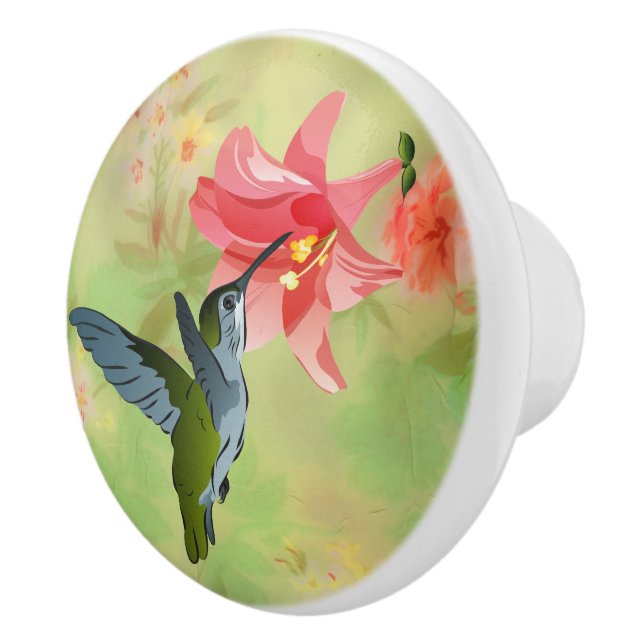 Hummingbird and Pink Lily on Floral Pattern Ceramic Knob (Right)