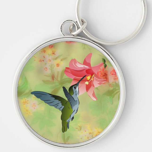 Hummingbird and Pink Lily on Floral Pattern Key Ring (Front)