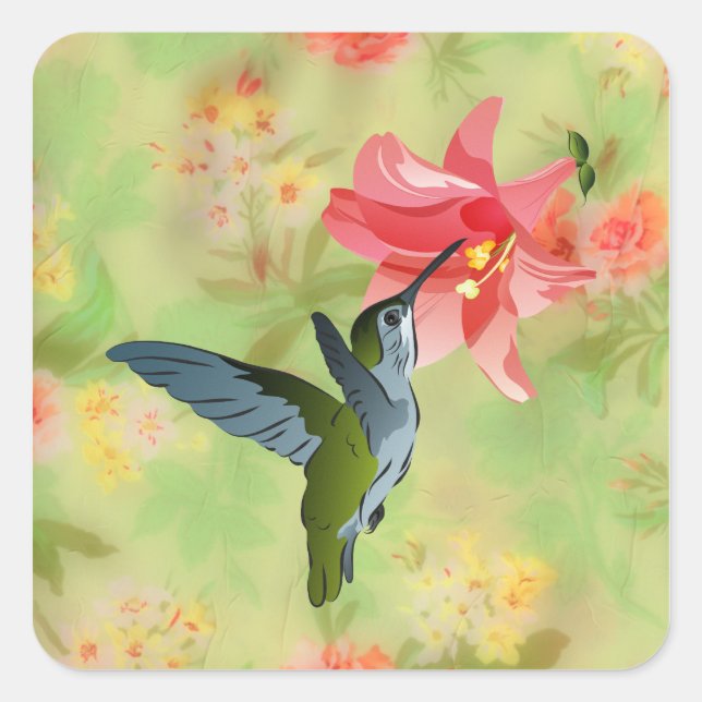 Hummingbird and Pink Lily on Floral Pattern Square Sticker (Front)