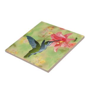 Hummingbird and Pink Lily on Floral Pattern Tile