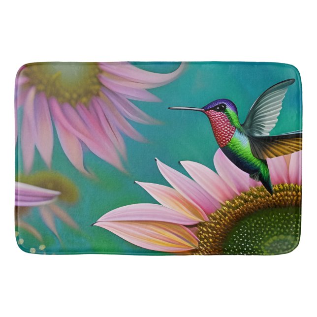 Hummingbird and Pink Sunflower Bath Mat (Front)