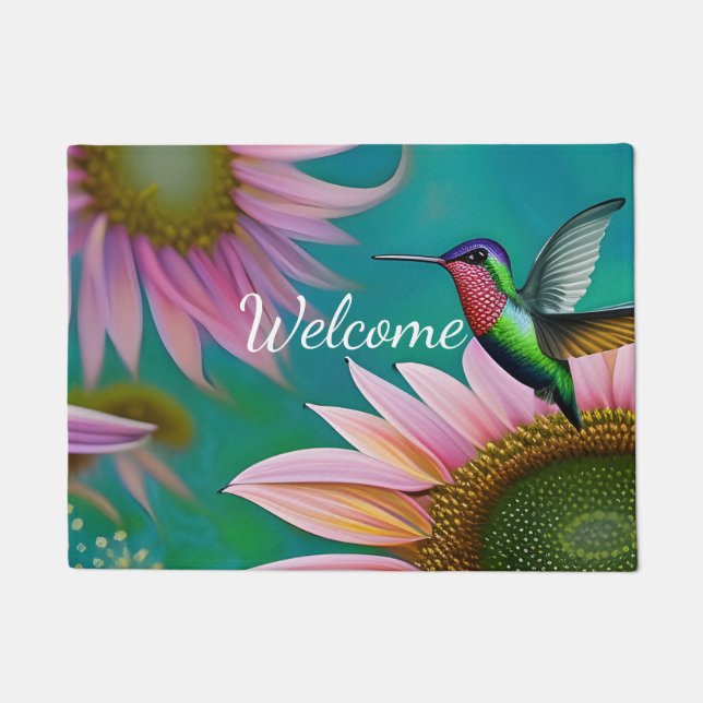 Hummingbird and Pink Sunflower WELCOME Doormat (Front)