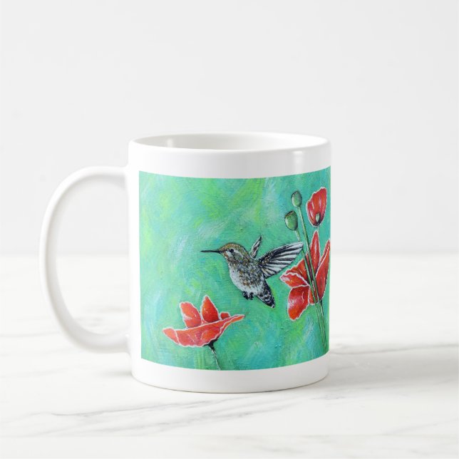 Hummingbird and Poppies Painting Coffee Mug (Left)
