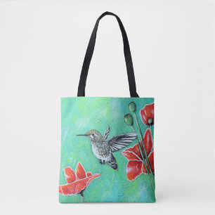 Hummingbird and Poppies Painting Tote Bag