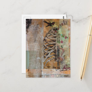 Hummingbird and ribcage mixed media collage postcard
