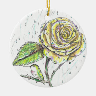 Hummingbird and Rose in the Rain Drawing Ceramic Tree Decoration