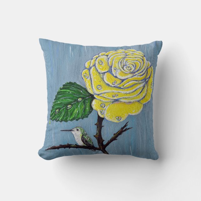 Hummingbird and Rose in the Rain Painting Cushion (Front)
