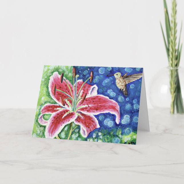 Hummingbird and Stargazer Lily Painting Card (Front)