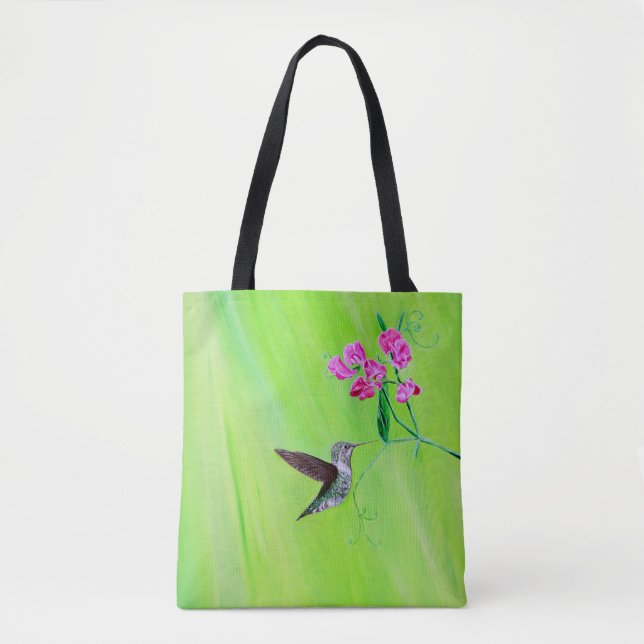 Hummingbird and Sweet Peas Painting Tote Bag (Front)