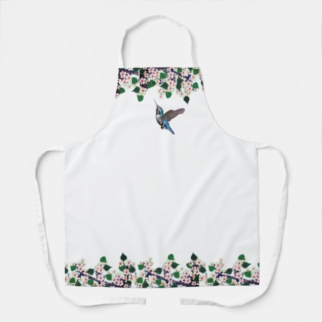 Hummingbird and white flowers on white apron (Front)