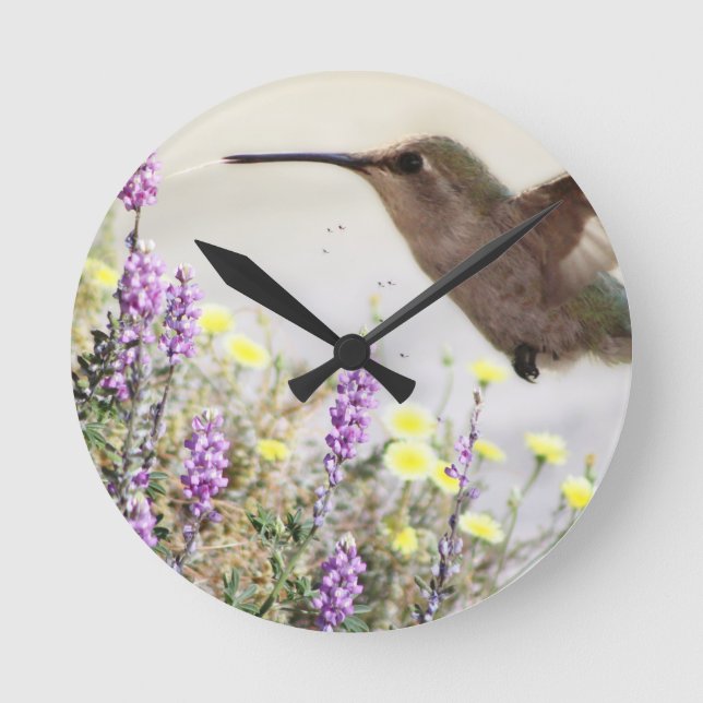 Hummingbird and Wildflowers Digital Art Round Clock (Front)