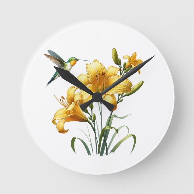 Hummingbird and Yellow Lilies Round Clock (Front)