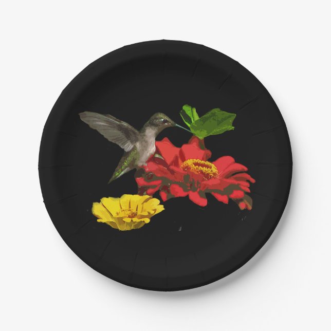 Hummingbird and Zinnias Paper Plates (Front)