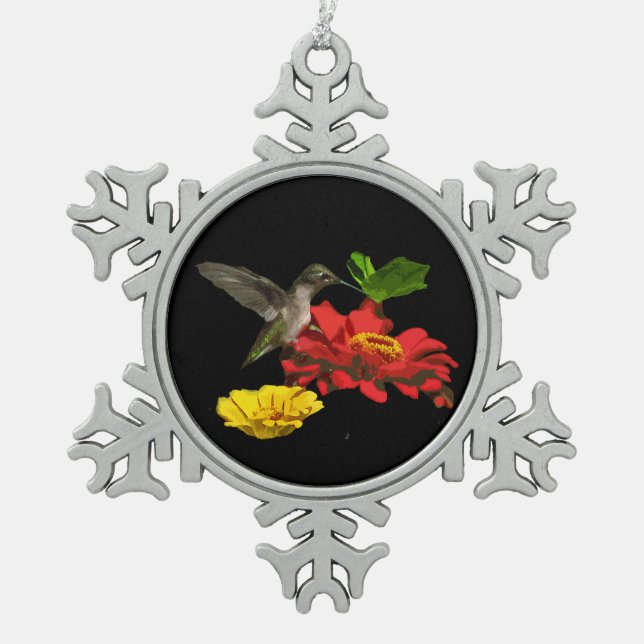 Hummingbird and Zinnias Snowflake Pewter Christmas Ornament (Front)