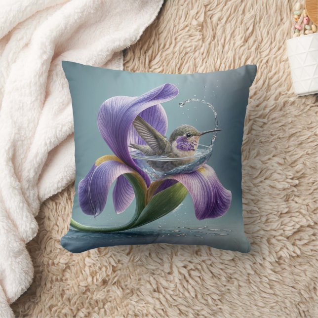 Hummingbird Bathing In An Iris Blossom Cushion (Blanket)