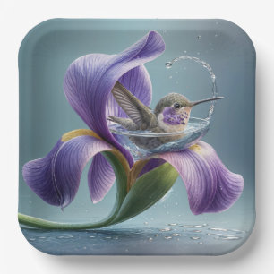 Hummingbird Bathing In An Iris Blossom Paper Plate