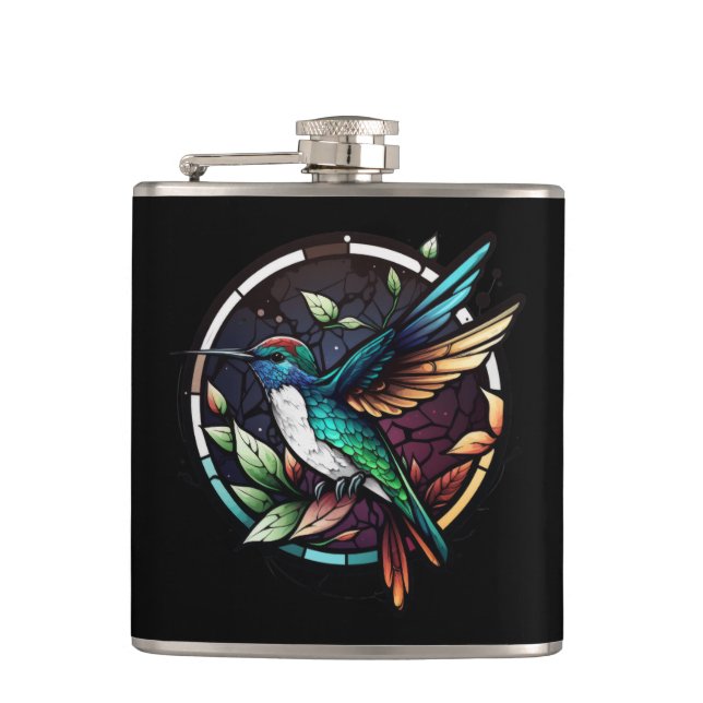 Hummingbird Bird Animal Portrait Stained Glass Art Hip Flask (Front)
