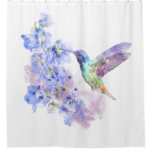 Hummingbird Bird Blue Delphinium Flower Shower Curtain (Front)
