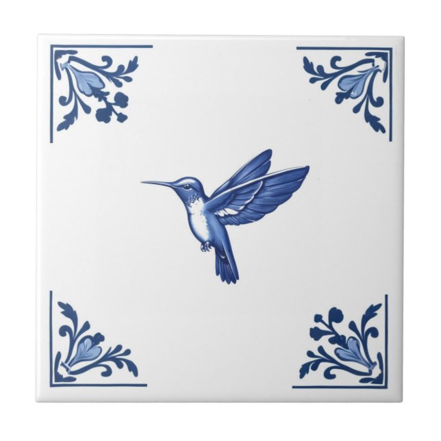 Hummingbird Bird Delft Blue and White Corners Tile (Front)