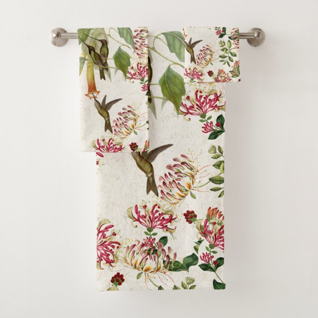 Hummingbird Bird Honeysuckle Flower Bath Towel Set (Insitu)