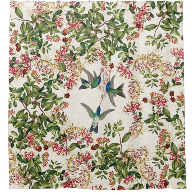 Hummingbird Bird Honeysuckle Flower Shower Curtain (Front)