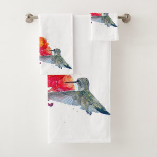 Hummingbird Bird Red Flowers Bath Towel Set
