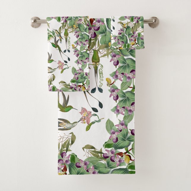 Hummingbird Birds Orchid Flower Bath Towel Set (Insitu)